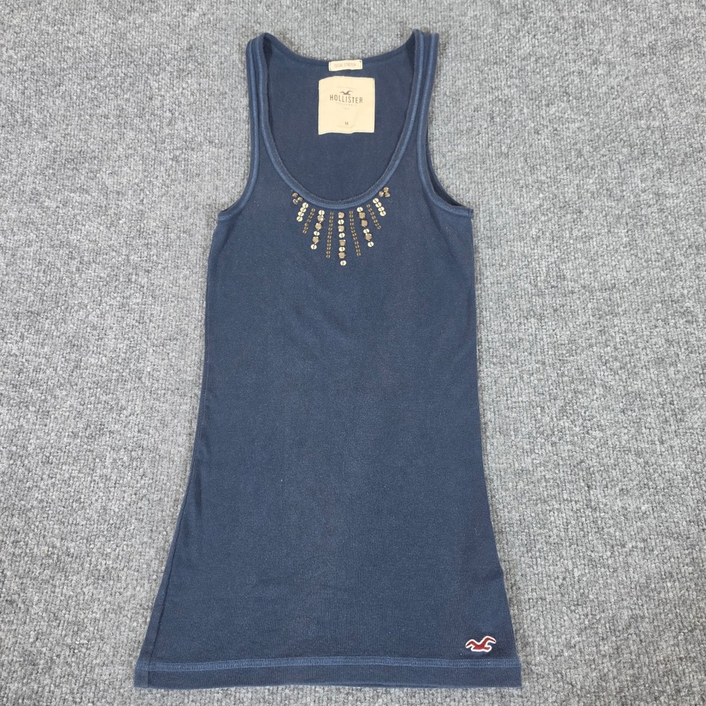 2000s Hollister So Cal Stretch Tank Top Womens Medium Navy Blue Ribbed Sequin